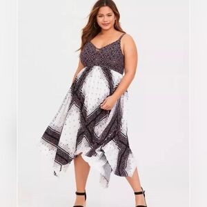 Torrid Midi Handkerchief Dress Rayon Blend Challis Black White Flowy Plus Size